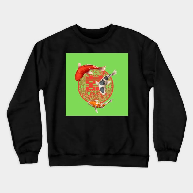 Double Happiness Koi Fish Lime Green with Red Symbol - Hong Kong Retro Crewneck Sweatshirt by CRAFTY BITCH